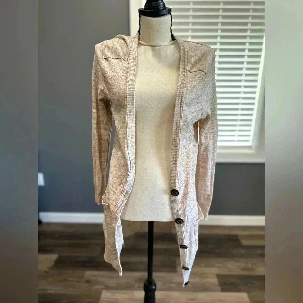 Aerie Long Cardigan Button Front Womens Size Medium Oatmeal Cozy Cotton Pockets